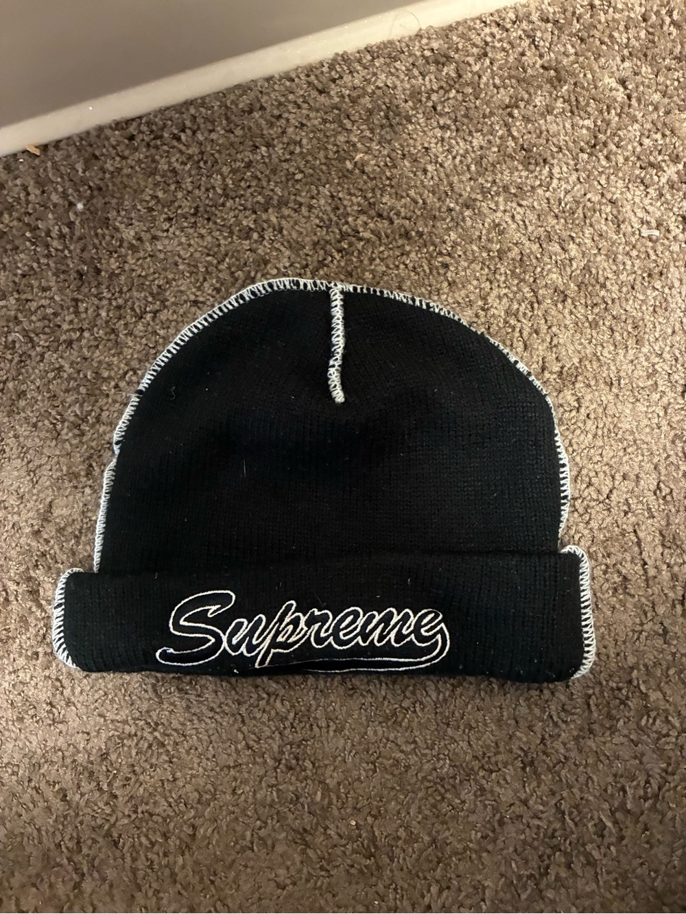 Supreme Black Beanie with White Contrast Stitching